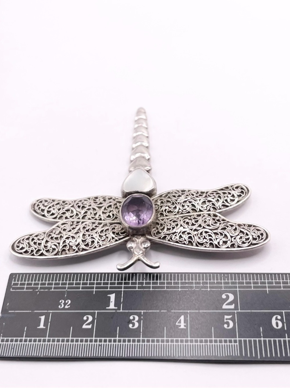 Sterling Silver Dragonfly Brooch with Purple Amethyst Accent - Picture 6 of 9